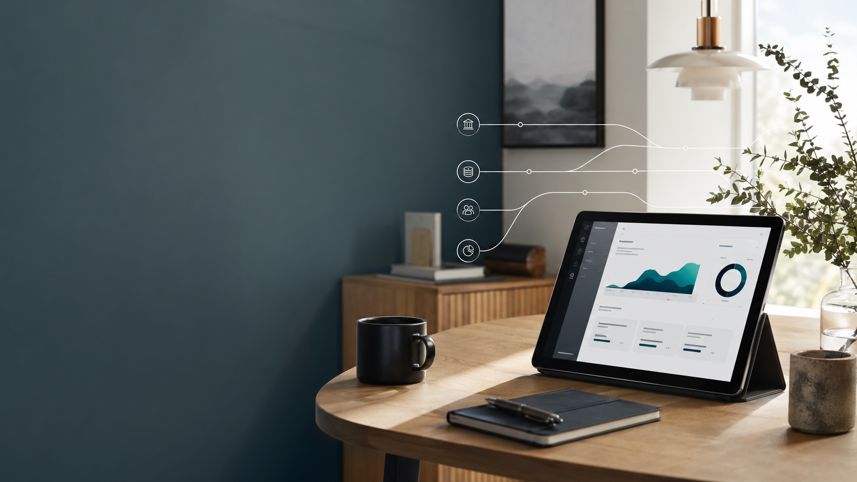 Modern arbetsplats med digital pensionsöversikt på surfplatta